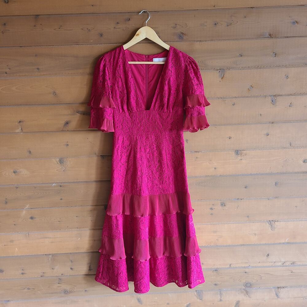 Anthropologie Keepsake Timeless Dress Red Lace Midi S Formal Pleated Vneck Chic - Picture 2 of 6